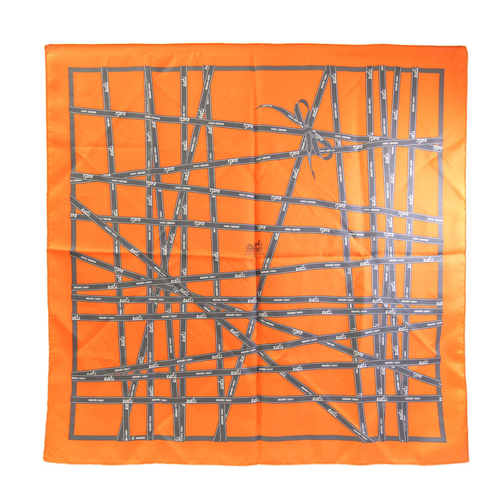 Hermes scarf/muffler, Carre 90, Bolduc ribbon, orange, 100% silk, large size,...